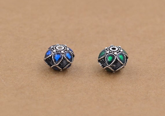 Tiny Filigree Drum Olive Bead Sterling Silver S925 Cloisonne Enamel Charm Beaded Spacer Handmade Jewelry Finding 6.7x12.5mm