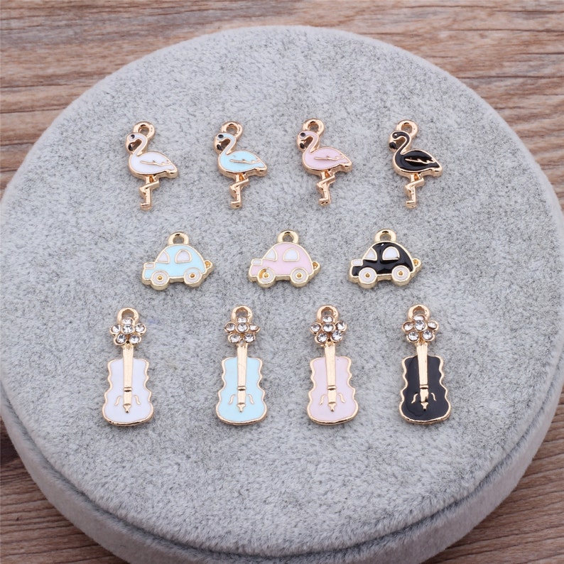 Flamingo Car Violin Charm Pendant Gold Tone Enamel Epoxy Drop Handmade Jewelry Finding 10 pcs