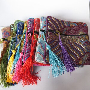 Bulk 50 Colorful Chinese Sea Wave Silk Rosary Bag Pouch Money Coin Wallet with Zip Grab Bag Traditional Jewelry Gift Packaging