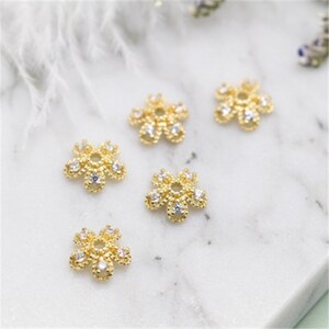 50 Tiny Hollow Floral Bead Cap Cup 14K GF Copper CZ Crystal Embellished Charm Bead Spacer  Jewelry Finding 8mm