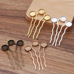 Bulk 10 Plain Edge Bezel Cup Comb Hair Fork Hairpin 12mm Round Cabochon Setting Blank 18KGP Cab Base Jewelry Finding 71mm