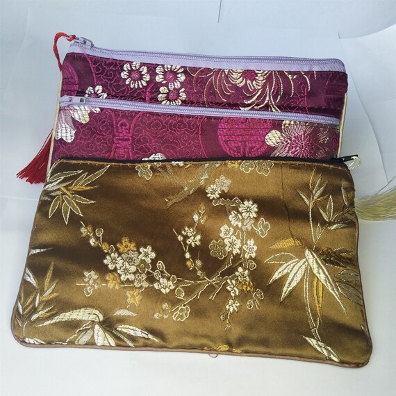 Bulk 50 5x6.5 Colorful Chinese Silk Pouches Pocket Money Coins Bags with Two Zips Grab Bag lot Traditional Packaging Bags for Jewelry Gifts