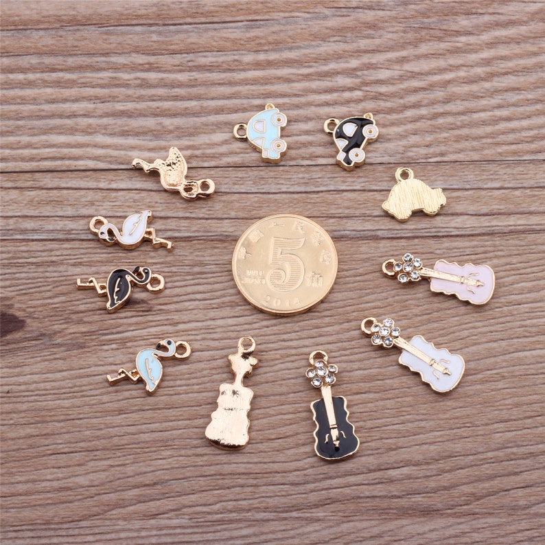 Flamingo Car Violin Charm Pendant Gold Tone Enamel Epoxy Drop Handmade Jewelry Finding 10 pcs