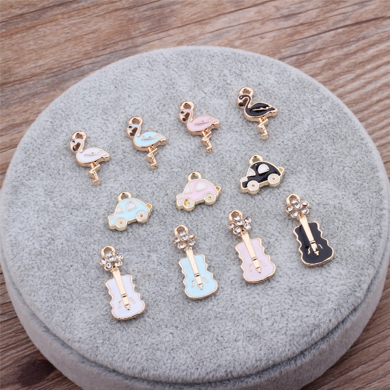 Flamingo Car Violin Charm Pendant Gold Tone Enamel Epoxy Drop Handmade Jewelry Finding 10 pcs