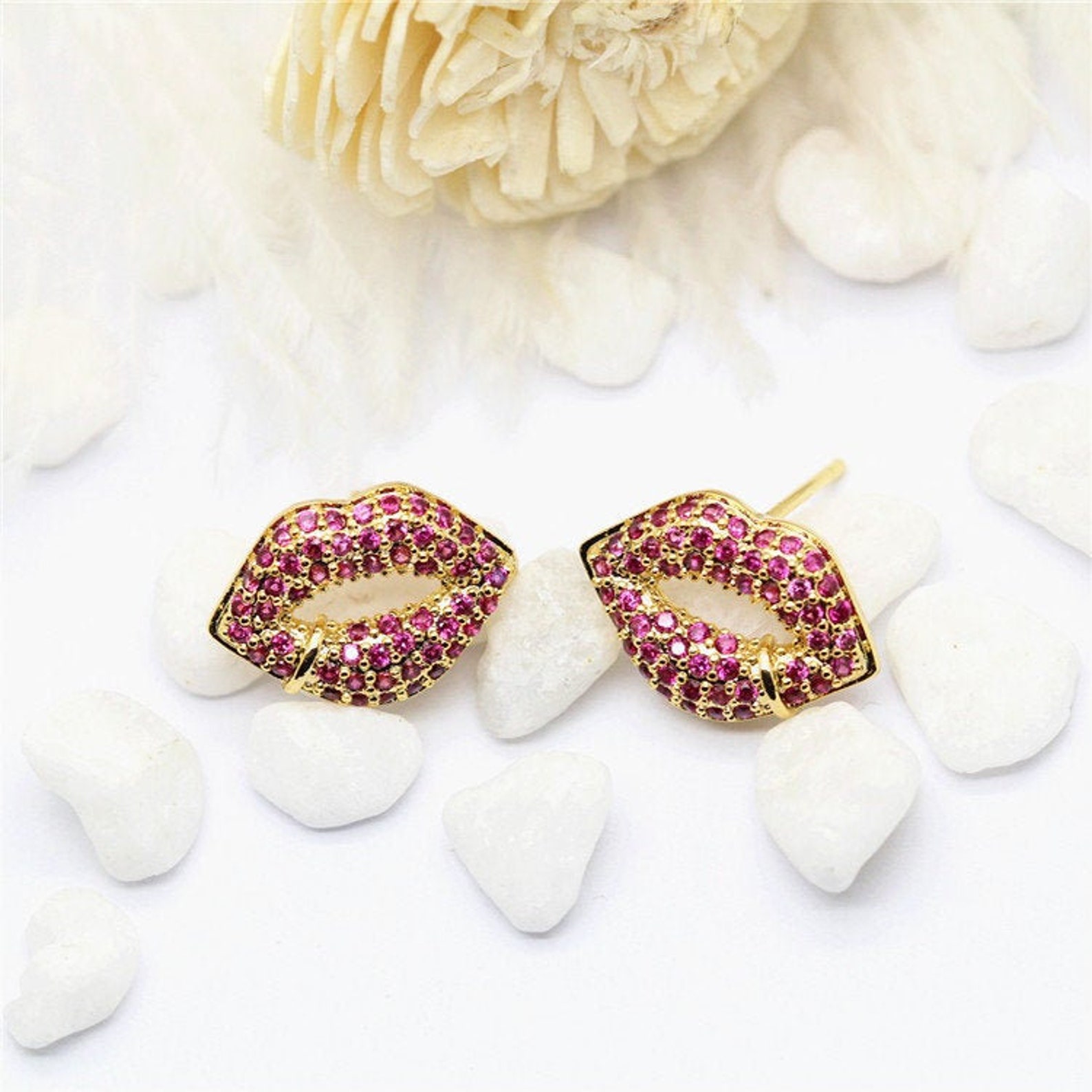 6 14K Gold Filled Red Lip Print Earring Studs Rhinestone Etsy