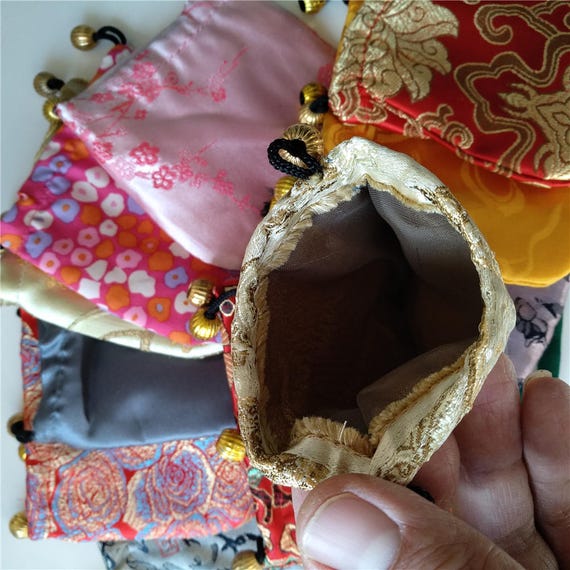 Bulk 50 5x6.5 Colorful Chinese Silk Pouches Pocket Money Coins Bags with Two Zips Grab Bag lot Traditional Packaging Bags for Jewelry Gifts