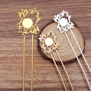 Bulk 5 Leaf Branch Charm Hair Fork Hairpin Scallop Edge Bezel Cup 12mm Round Cabochon Setting Blank 18KGP Cab Base Jewelry Finding 115mm