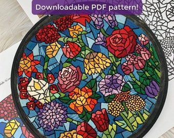 Floral Stained Glass Hand Embroidery Pattern - Downloadable PDF Pattern - Intermediate and Advanced Stitchers
