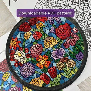 Floral Stained Glass Hand Embroidery Design Colorful Flowers PDF Pattern for Intermediate and Advanced Stitchers image 1