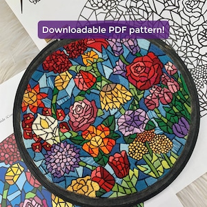 Floral Stained Glass Hand Embroidery Design - Colorful Flowers PDF Pattern for Intermediate and Advanced Stitchers