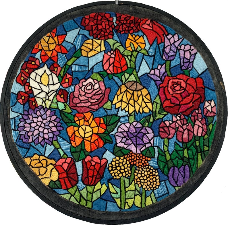 Floral Stained Glass Hand Embroidery Design Colorful Flowers PDF Pattern for Intermediate and Advanced Stitchers image 2