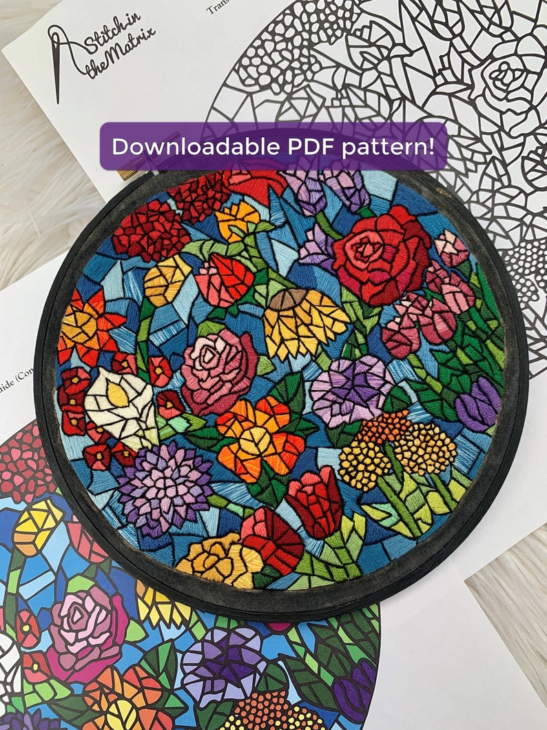 Floral Stained Glass Hand Embroidery Design Colorful Flowers PDF Pattern for Intermediate and Advanced Stitchers image 1