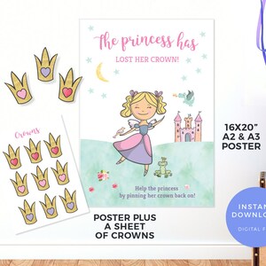 Pin the crown on the princess game, PRINTABLE Fairytale games, Princess party games, Princess birthday games, Princess poster Princess crown