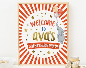 Circus party sign PRINTABLE. Circus welcome sign, Carnival poster, Red stripe Circus backdrop elephant kid birthday Circus party decorations