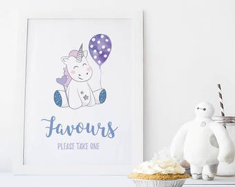 Boy Unicorn favours sign A4, Boy 1st birthday sign, Boys party sign, First birthday party sign, Printable party favours sign, Unicorn sign