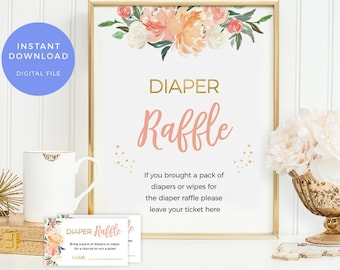 Peach Diaper Raffle Sign & Diaper Raffle Tickets PRINTABLE, INSTANT download, Gold Floral Baby Shower Game Girl baby shower decor Blush pdf