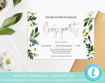 Hens invites INSTANT DOWNLOAD. Hen Party Invites rose gold EDITABLE. Greenery Hens invitation template gold Floral Hen invite pdf digital