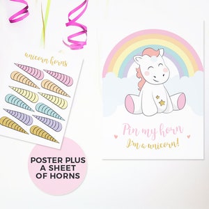 Pin the horn on the unicorn game, PRINTABLE Unicorn games, Unicorn party games, Unicorn birthday games, Unicorn posters, Unicorn horn, 1st image 1