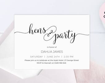 Modern Hens invitations, PRINTABLE Classy Hens invites, Simple Hens party invites, Elegant Black white Bridal shower invites, Rose gold foil