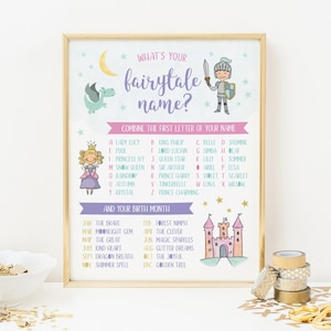 Fairytale Game PRINTABLE, Princess party decoration INSTANT DOWNLOAD Whats your fairytale name, Princess party game unisex, Fairytale sign