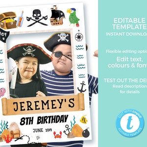 Pirate photo frame TEMPLATE, Pirate photo booth props EDITABLE, Pirate photo prop PRINTABLE, Pirate birthday party, Pool party, social media image 1