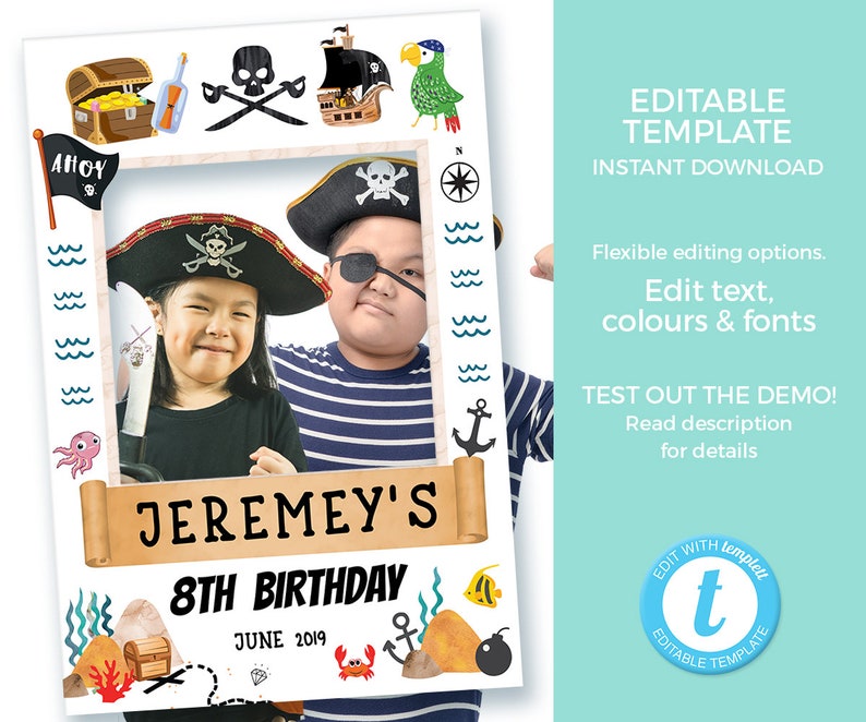 Pirate photo frame TEMPLATE, Pirate photo booth props EDITABLE, Pirate photo prop PRINTABLE, Pirate birthday party, Pool party, social media image 1