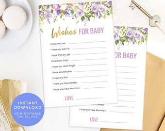 Wishes for baby card INSTANT download, Purple floral Baby Shower Games PRINTABLE, Lilac Baby Shower decor, Baby sprinkle decoration digital