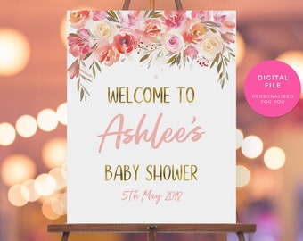 Pink Peach Bridal shower welcome sign, PRINTABLE Floral Baby shower sign, Vintage hens party sign bachelorette kitchen tea welcome sign,