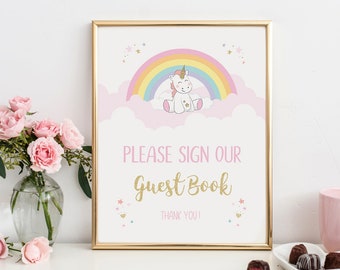 Unicorn guest book sign, PRINTABLE Unicorn party sign, Instant download cute unicorn party decorations, Unicorn sign pdf first birthday 1st