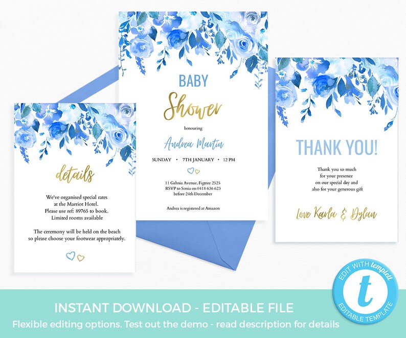 Blue Floral Baby Shower Invitation TEMPLATE EDITABLE Blue Etsy