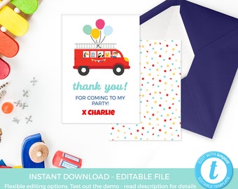 Fire truck thank you cards EDITABLE template. Fire engine thank you cards PRINTABLE, Boys thankyou card Firetruck party favours, decorations