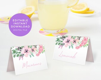 Floral food labels, Editable Table name cards, PRINTABLE table cards, Spring food tents, bridal shower table place cards pdf baby shower hen