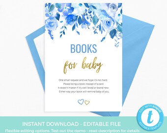 Blue Floral Books for Baby Card PRINTABLE, Gold Blue Baby shower book request card TEMPLATE, editable baby sprinkle decor