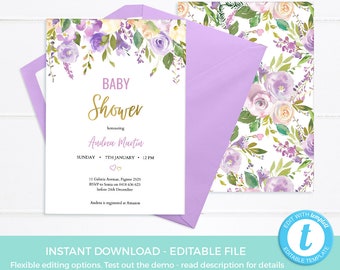 Violet Baby shower invitation TEMPLATE, Floral baby sprinkle invites EDITABLE, Party Printable, baby brunch invite, high tea 40th birthday