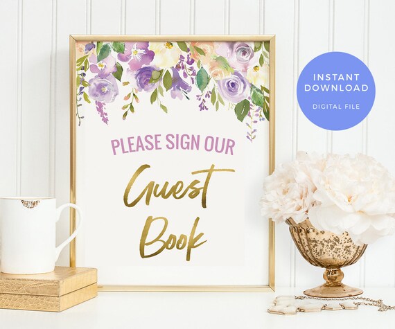 Purple Floral Guest Book Sign Printable Gold Lilac Party Etsy