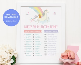 Unicorn name Games Printable, Unicorn name poster, Whats your Unicorn name sign, Unicorn Party Game Unicorn Party decorations Discover your