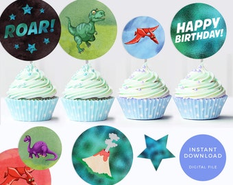 Dinosaur cupcake toppers, Dinosaur labels, Printable dinosaur party labels, Dinosaur cake topper, birthday labels Dinosaur favour bag labels