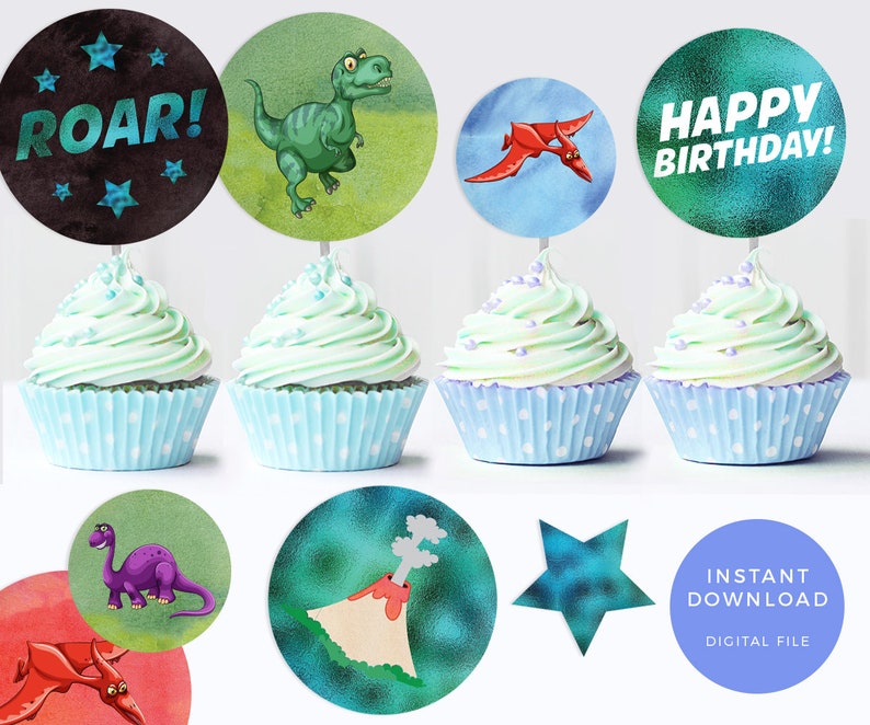 Dinosaur cupcake toppers, Dinosaur labels, Printable dinosaur party labels, Dinosaur cake topper, birthday labels Dinosaur favour bag labels image 1