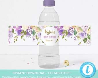 Purple Floral Water bottle Label TEMPLATE, Baby Shower Label EDITABLE Birthday party label PRINTABLE, 30th birthday sprinkle gender neutral