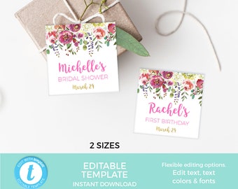 Floral party labels TEMPLATE, Pink thank you EDITABLE tags, Favour tags, Girl Baby shower party tags, kids birthday favor tags PRINTABLE 2"