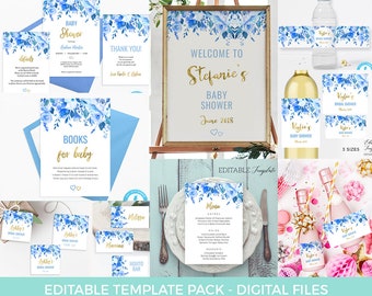 Blue Floral Baby Shower PRINTABLE Christening decor pack, Boy baby shower TEMPLATE, decorations set EDITABLE, baby sprinkle invitations sign