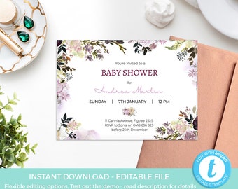 Lilac Baby Shower Invitation template editable, Mauve floral baby sprinkle invitation PRINTABLE, Vintage Invitation INSTANT DOWNLOAD Elegant