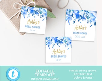 Blue Floral Thank you Tag TEMPLATE, Blue favor tag EDITABLE favour party tag Printable boy baby shower birthday baby sprinkle gift tag