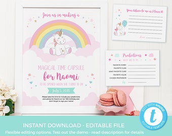 Unicorn Time Capsule TEMPLATE, First Birthday Time Capsule EDITABLE, Printable Time Capsule Sign instant download, 1st birthday rainbow card