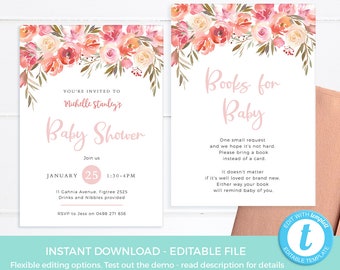 Baby Shower invitation set EDITABLE templates, Floral Pink Invitation PRINTABLE, Blush thank you card, Books for Baby, Baby sprinkle, Girl