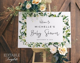 Greenery Baby Shower sign EDITABLE template Christening welcome sign PRINTABLE, Greenery birthday party sign INSTANT download Baptism sign.
