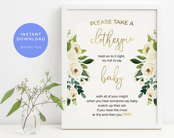 Don't say baby game PRINTABLE, Greenery Baby shower games, Don't say baby sign INSTANT Download white floral Baby shower decorations digital