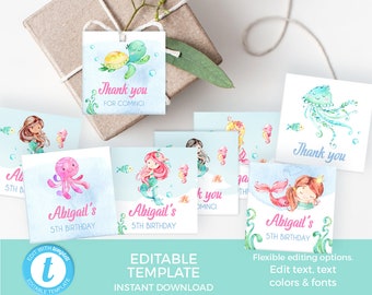 Party favour tags EDITABLE TEMPLATE, Mermaid party decorations INSTANT download, Under the sea label Printable, baby shower Mermaid birthday