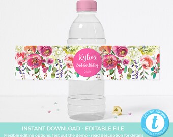 Floral Water bottle Label EDITABLE Template, Spring Baby Shower Label PRINTABLE, Childrens Birthday party label, 1st birthday first 30th