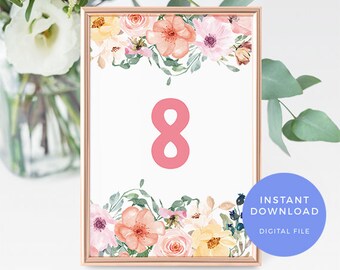 Floral Table numbers INSTANT download. Summer Table number cards PRINTABLE. 1-12 digital pink table cards, table decor 4x6 5x7 table signs